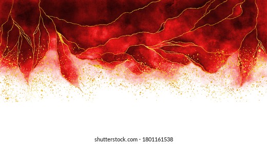 Watercolor background drawn by brush. Red paints spilled on paper. Golden shiny veins and cracked marble texture. Elegant luxury wallpaper for design, print, invitations.