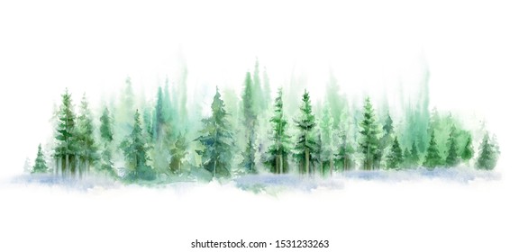 watercolor background drawn landscape of foggy forest, winter hill. Wild nature, taiga.