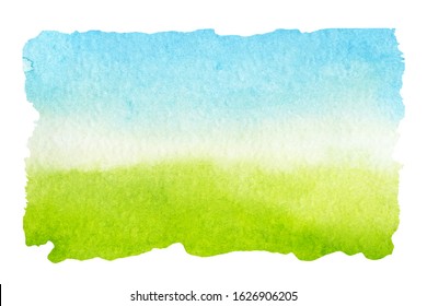 The Watercolor Background Is Green And Blue Gradient. Sky With Clouds And Green Meadow With Grass