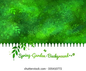 Watercolor Background With Green Shrubs And Garden White Fence.