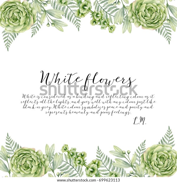 Watercolor Background Green White Flowers Isolated Stock