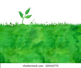 Watercolor Background With Growing Sprout.