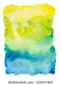 Watercolor  Background Hand Painted On White With Yellow, Green And Blue Tones