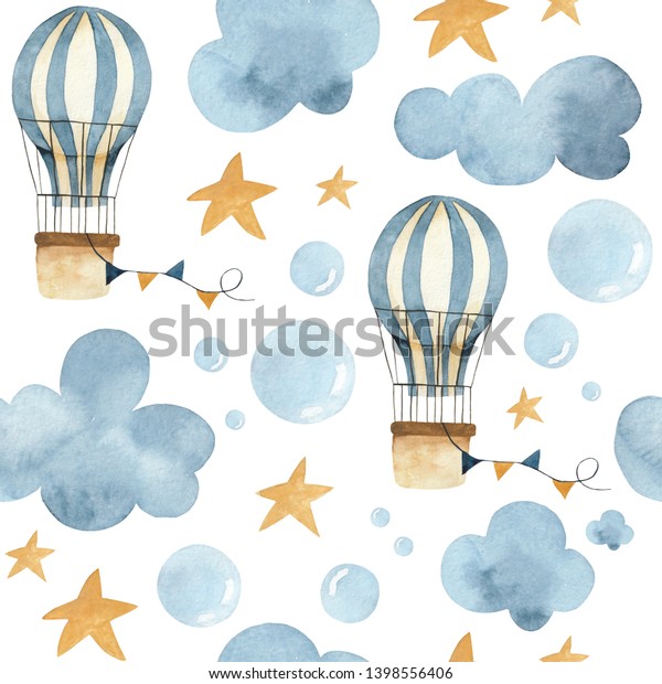 Watercolor Background Illustration Balloons Clouds Stars Stock