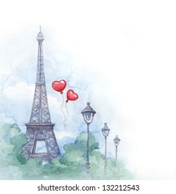 Watercolor Background With Illustration Of Eiffel Tower