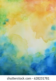 A Watercolor Background Painting On Textured Paper With Bright Color Splashes Of Red Orange Yellow Green And Blue In A Pretty Art Illustration Layout.