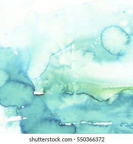 Watercolor Background  Pale Blue Turquoise Emerald  Hand Painted.