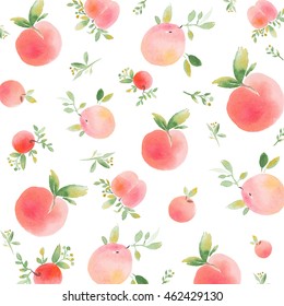 Watercolor Background With Peaches. Hand Drawn Peaches. 