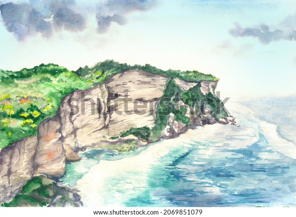 Watercolor Background Rocky Bay Wavy Ocean Stock Illustration 2069851079