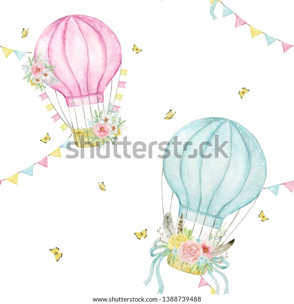 Ilustrasi Stok Watercolor Background Seamless Pattern Hot Air 1388739488