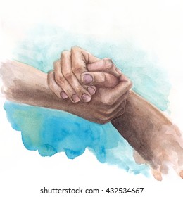 Watercolor Background With Shaking Hands On Blue Background