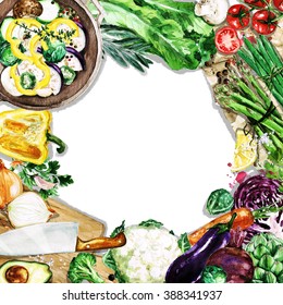 Watercolor Background With Space For Text - Cooking Vegetables