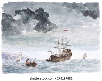 Watercolor Background, Vintage Seascape Painting,Tall ship near the beach, Transhipment, Hard work On The Sea.