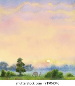 Watercolor Background. A Wonderful Summer Morning Landscape With Horses In A Meadow With Place For Text On The Sky