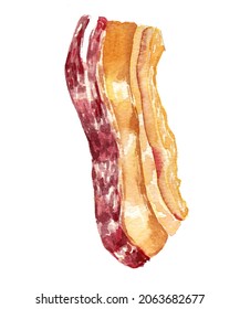 Watercolor Bacon, Hand Drawn Food Illustration. Fast Food Recipe, Cookbook Art. Frying Meat, BBQ Ham. Fat Of Pig, Realistic Image. Raster Stock Illustration In Aquarelle, White Isolated.