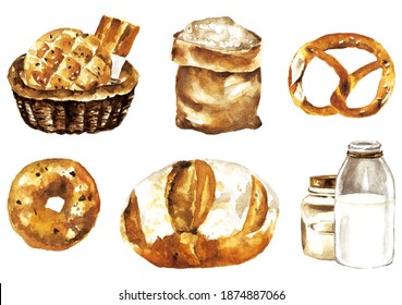 Watercolor bakery clipart elements isolated on white background: homemade bread, baguette, pretzel, bagel, basket, flour sack, storage jar, milk bottle. Hand drawn baked goods illustration for design - Powered by Shutterstock