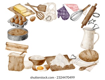 Watercolor baking border frame. Cooking tools and ingredients background. Pastry horizontal template isolated on white for bakery, cafe, culinary blog, card, banner. Baking bread, pie illustration - Powered by Shutterstock