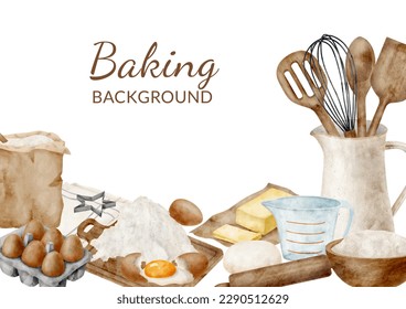 Watercolor baking ingredients background. Border frame with cooking utensils in jug, flour bag, dough, eggs, butter, isolated on white. Kitchen tools illustration. Bakery banner, cookbook, blog - Powered by Shutterstock