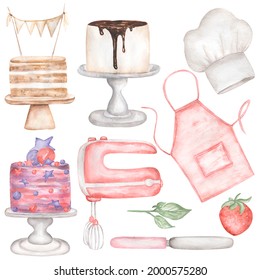 Watercolor Baking Set Clipart, Bakery Supplies Illustration, Cakes Print, Cooking Culinary Clipart, Cake Ingredients, Kitchen Utensils, Food, Baker