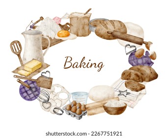 Watercolor baking utensils and ingredients frame. Hand drawn cooking tools round border template with copy space for text isolated on white background. Bakery logo, cookbook, culinary blog, card - Powered by Shutterstock