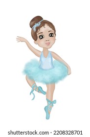 Watercolor Ballerina Girl. Hand Drawn Aquarelle Brown Hair Girl In Blue Tutu, Pointe Shoes. Isolated On White Background. Design For Ballet, Poster, Frame Art, Sublimation, Kids Nursery Decor.