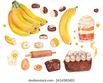 Watercolor banana illustration. Clipart. Banana desserts. Cooking process. Banana bread. Design for recipe book, cafe, pastry, confectionery shop, package, cards, wrapping paper, packing
 - Powered by Shutterstock