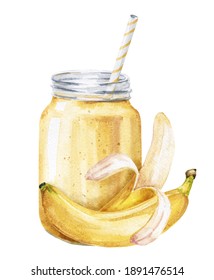 Watercolor Banana Smoothie Composition In A Jar With Straw On White Background. Watercolour Healthy Food Illustration.