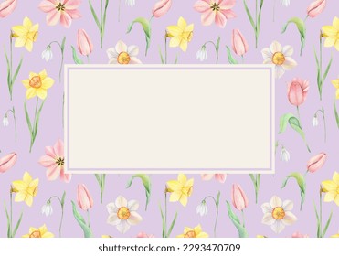 Watercolor banner with daffodils and tulips flowers.Template for greeting cards, wedding decorations, invitation, sales, packaging. Spring or summer design. Place for text - Powered by Shutterstock