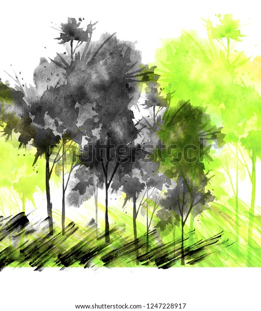 Watercolor banner, logo, postcard. Black\
silhouette of the tree, bush, poplar, maple.  Watercolor landscape,\
black splash of paint, abstract spots, beautiful drawing. Yellow\
green splash of\
paint.
