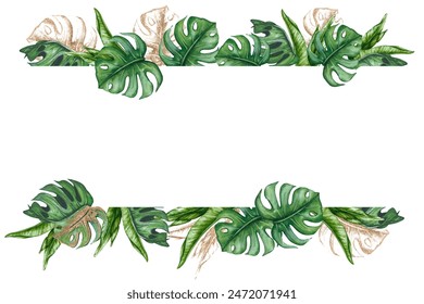 Watercolor banner made of tropical leaves with gold. Realistic botanical illustration. Design for invitations, posters, cards, greeting cards, stationery, etc. - Powered by Shutterstock