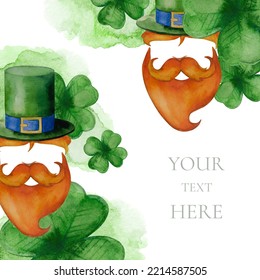 Watercolor Banner With Many Green Four Leaf Clovers, Leprechaun Face Silhouette Isolated On White Background. St. Patrick's Day Card. Decorative Art Element For Social Media Posting. Festive Concept.