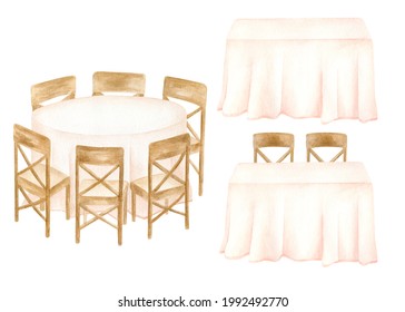 Watercolor banquet tables illustration set. Hand drawn round, rectangle tables with pastel draped tablecloth and wood chairs isolated on white. Elegant design sketch. Wedding reception, gala dinner