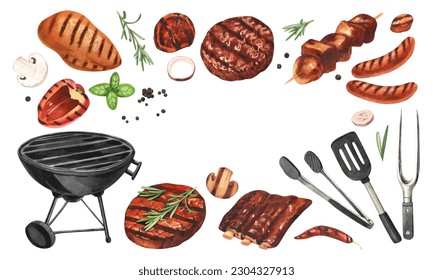 Watercolor barbecue elements set. Collection of equipment for cooking bbq - grill, brazier, sausages, fish, vegetable and meat. Hand-drawn illustration isolated on white background. Perfect for menu - Powered by Shutterstock