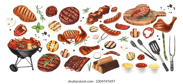 Watercolor barbecue elements set. Collection of equipment for cooking bbq - grill, brazier, sausages, fish, vegetable and meat. Hand-drawn illustration isolated on white background. Perfect for menu - Powered by Shutterstock