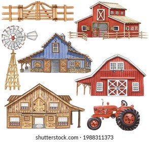 Watercolor Barns Clipart. Farm Style. Red Barn House, Horse, Tractor, Windmill, Wood Gate Illustrations. Wedding Invitation DIY.