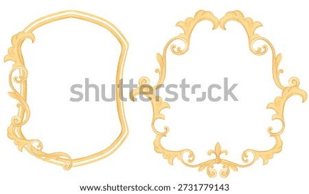 Watercolor baroque elements, frames. Elements for decor, the Middle Ages. Antiquity. Golden luxurious frames. Watercolor baroque border, Vintage Gold frame, Vintage Victorian frame. Wedding decor.