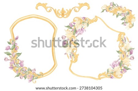 Watercolor baroque flora, frames. Elements for decor, the Middle Ages. Antiquity. Golden luxurious frames. Watercolor baroque flower, Vintage Gold frame, Vintage Victorian frame. Wedding decor. 