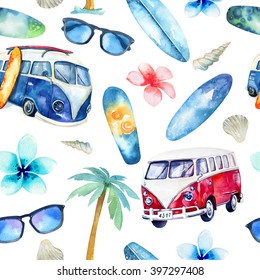 Watercolor Beach, Adventure,, Bike, Motorollier, Tree Seamless Pattern. Watercolour  Fun Holiday Activity, Tropical Travel Illustration. Island Summer , Retro Car, Surfboard.