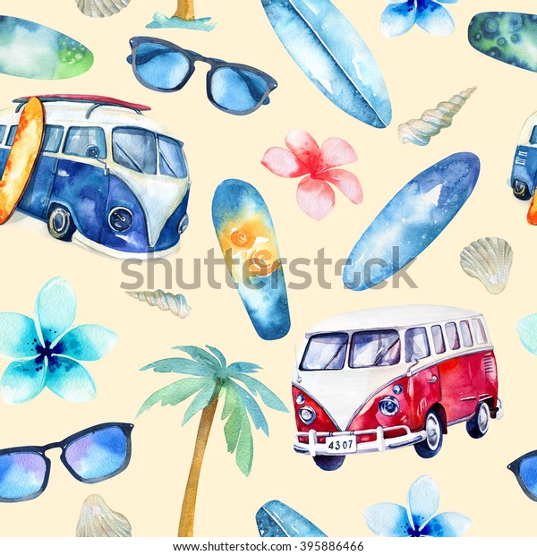 Watercolor beach, adventure, bike,\
motorollier, tree. Watercolour  fun holiday activity, tropical\
travel illustration. Island summer , retro car,\
surfboard.