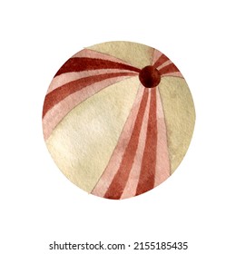 Watercolor Beach Ball With Red Stripes. For Beach Activies And Children