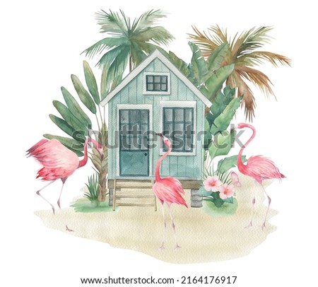 Watercolor  beach house,  palm trees and flamingos. Hand drawn tropical illustration on white background