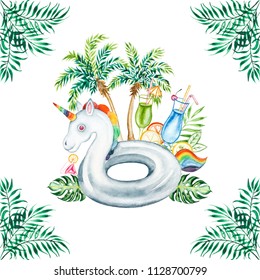 Watercolor beach tropical  set. Hand drawn summer objects: citrus, cocktails, palm, leaves and unicorn inflatable pool float. Illustration isolated on white background. - Powered by Shutterstock