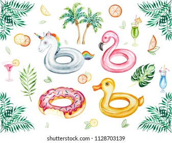 Watercolor beach tropical  set. Hand drawn summer objects: citrus, cocktails, palm, leaves and inflatable pool floats. Illustration isolated on white background. - Powered by Shutterstock