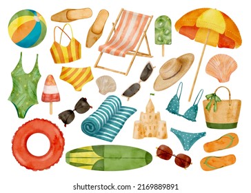 Watercolor beach vacation set. Hand drawn swimsuit, beach umbrella, chair, sun hat, bag, flip flops, swim ring, sand castle, ice cream, towel and sunglasses isolated on white. Summer illustration - Powered by Shutterstock