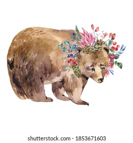 Watercolor Bear With Floral Wreath Isolated On White Background. Forest Animals Illustration, Wildflowers. Woodland Creatures.