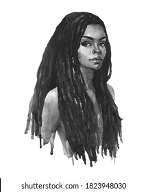 Watercolor Beautiful African Woman With Dreadlocks. Painting Black And White Illustration. Hand Drawn Portrait Of Lady On White Background.