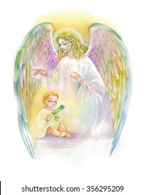 Watercolor Beautiful Angel With Wings Flying Over Child