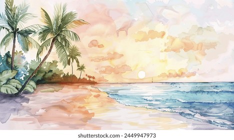 Watercolor beautiful beach art landscape illustration sunset colorful sun reflection ocean water palm tree ocean sea waves peaceful tranquil beach scene - Powered by Shutterstock