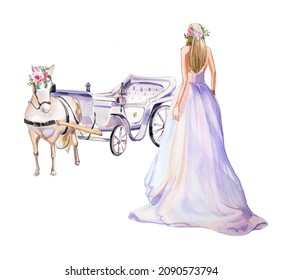 Watercolor beautiful girl in a pink gown dress standing at the horse carriage illustration isolated on white. Victorian lady design. Fairytale princess clipart.