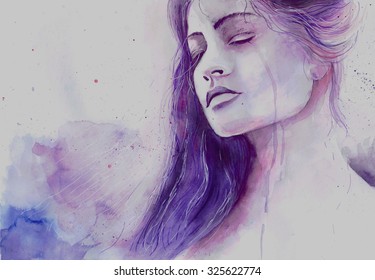 Watercolor beautiful girl in a state of depression crying - Powered by Shutterstock